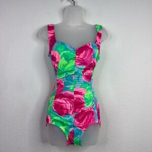 Sand Castle Swimsuit Womens 8 Colorful Floral Ruched VTG 80s One Piece Beach USA